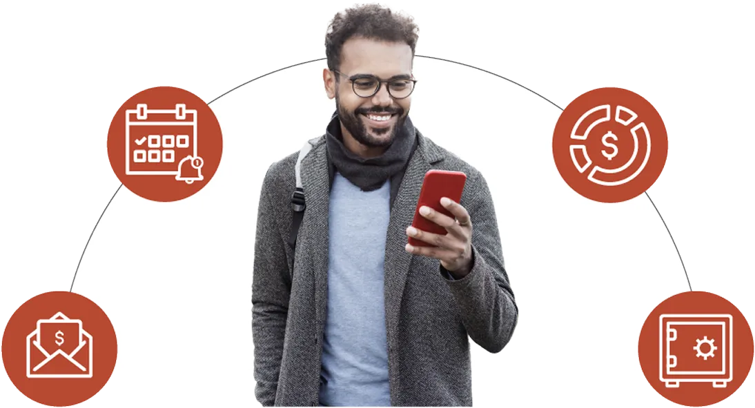Smiling resident holding a phone, surrounded by icons for a bill, a calendar reminder, a payment chart and a safe.