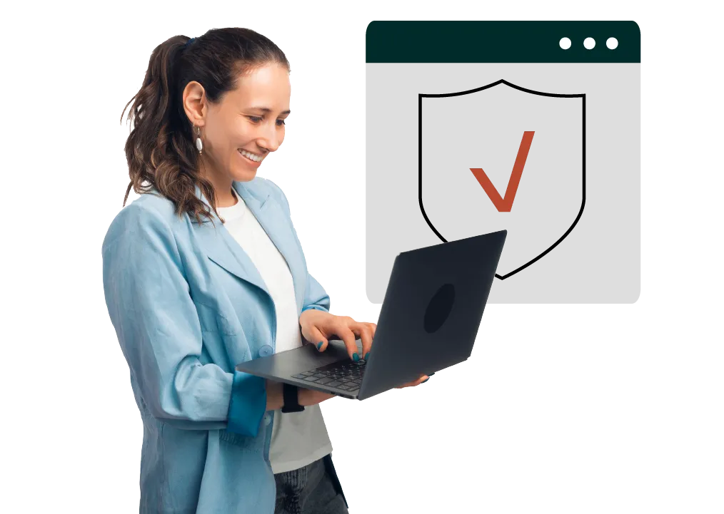 Smiling resident using a laptop beside a browser window showing a shield with a check mark.